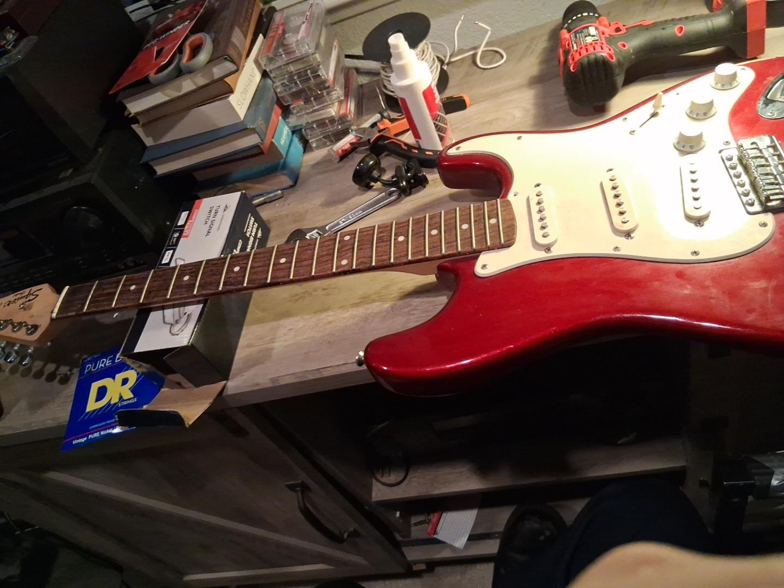 Stratocaster on the Silver State Guitars workbench during service